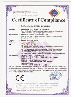 Certificato UL,Certificato GS,Certificato di certificato ROSH per luce di rete a LED 1,
c-EMC,
KARNAR INTERNATIONAL GROUP LTD