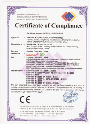 CE-sertifikat,UL-sertifikat,ROSH sertifikat sertifikat for tilbehør, plugg, strøm 1,
c-EMC,
KARNAR INTERNATIONAL GROUP LTD