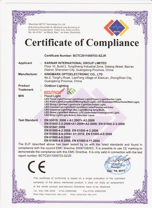 Certifikát FCC,Osvědčení,Certifikát certifikátu ROSH pro LED lampu 4,
f-EMC,
KARNAR INTERNATIONAL GROUP LTD