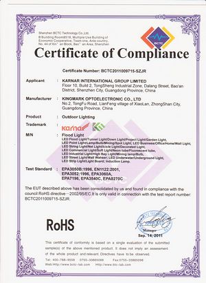 Certifikát produktu,Certifikát CE,Certifikát FCC certifikátu pro svítidlo s LED 1,
f-ROHS,
KARNAR INTERNATIONAL GROUP LTD